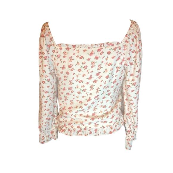 NWT Skies are Blue Off-White Small Pink-Red Flowers. Short Ruffled V-Neck Blouse - Picture 3 of 3
